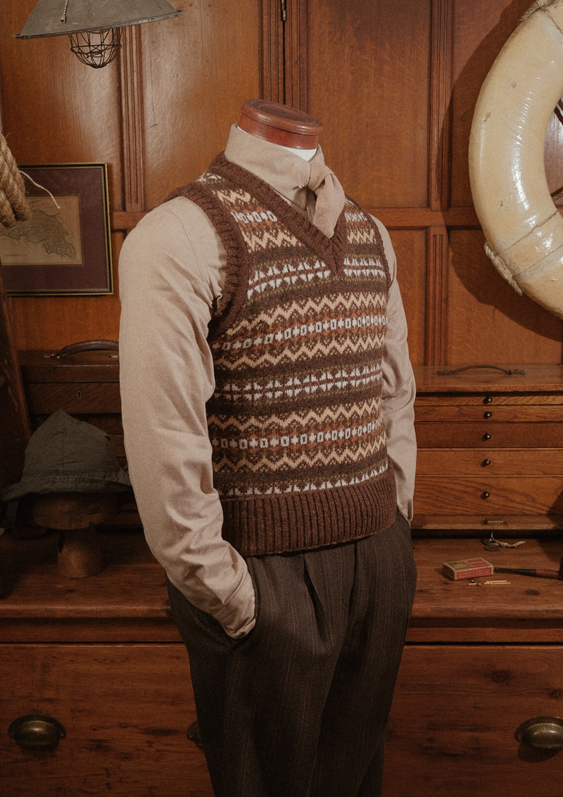 Lambert V-Neck Lambswool Fair Isle - Hickory Brown