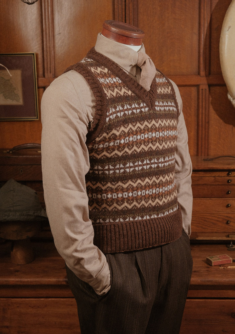 Lambert V-Neck Lambswool Fair Isle - Hickory Brown