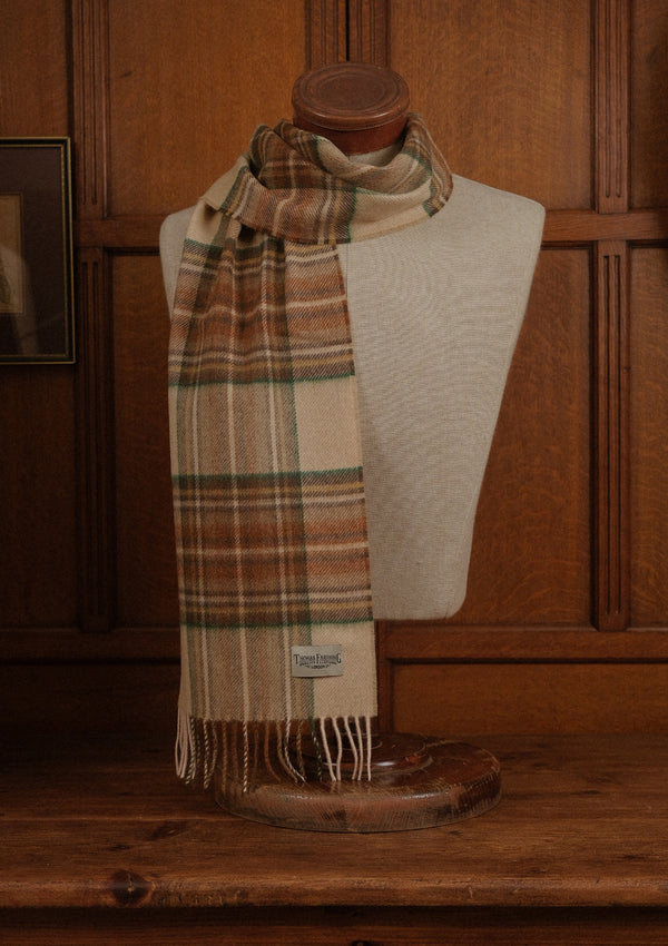 Merino Wool Scarf - Camel & Green Tartan