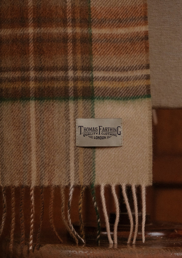 Merino Wool Scarf - Camel & Green Tartan