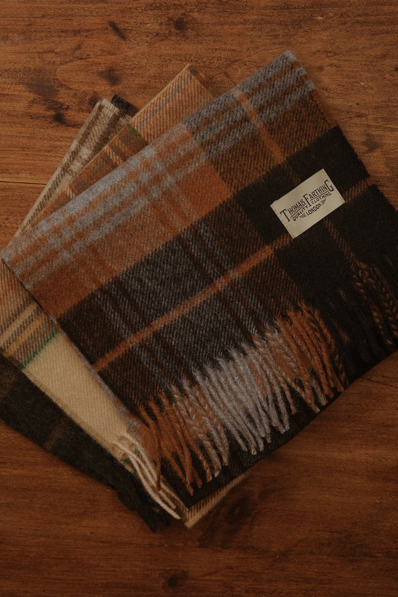 Merino Wool Scarf - Camel & Green Tartan