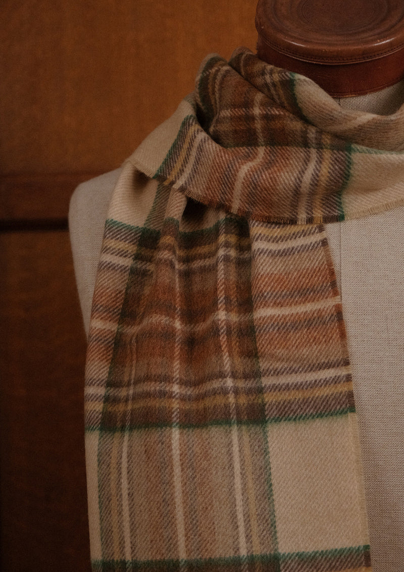 Merino Wool Scarf - Camel & Green Tartan