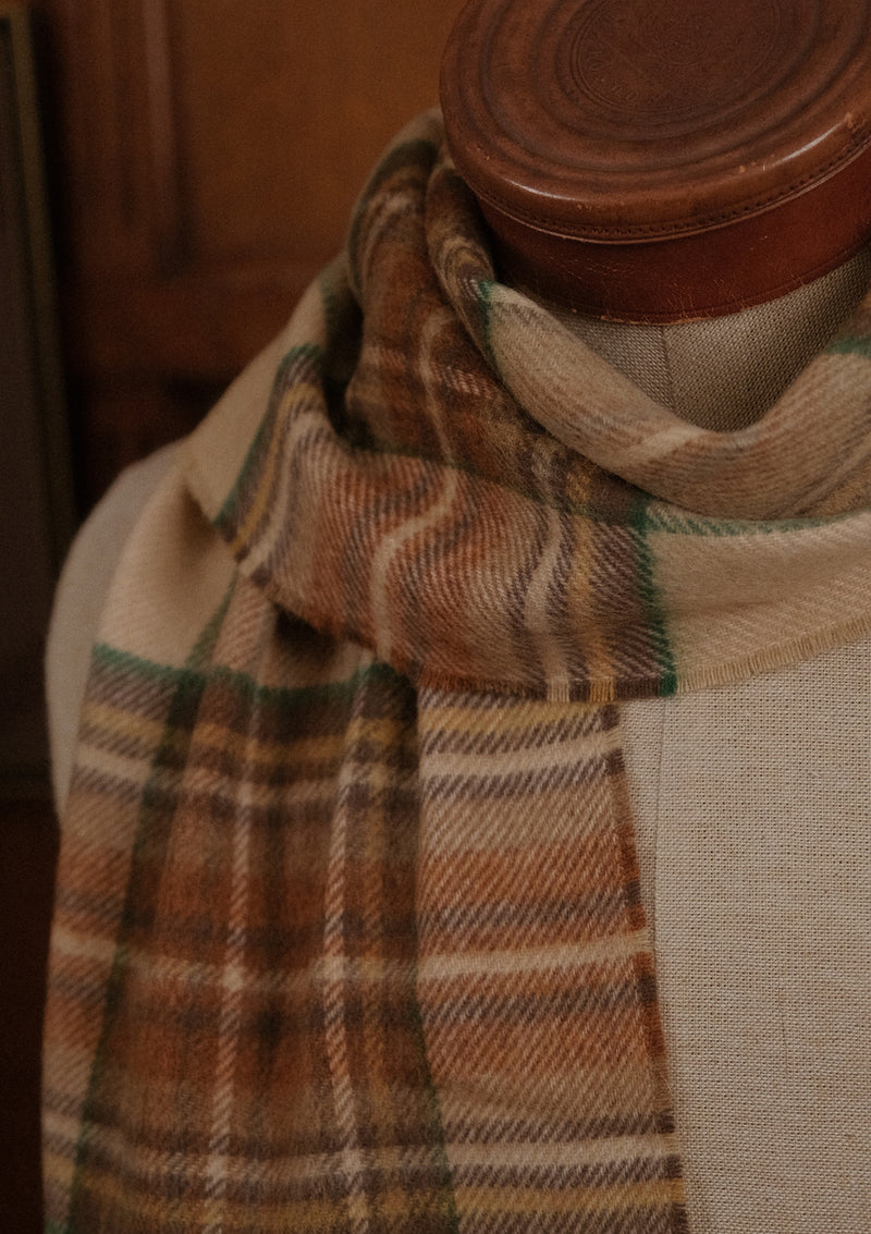 Merino Wool Scarf - Camel & Green Tartan