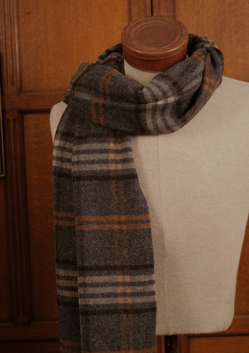 Double Width Merino Wool Scarf - Grey & Tan Check