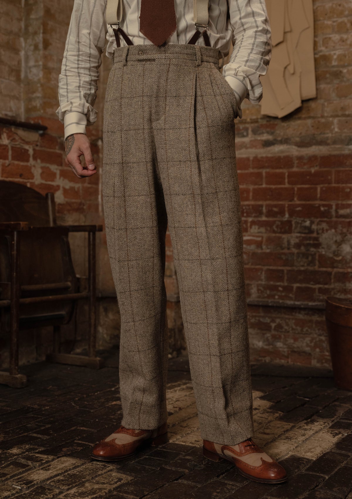 Brockman Harris Tweed Clark Trouser - Light Grey & Cinnamon Check