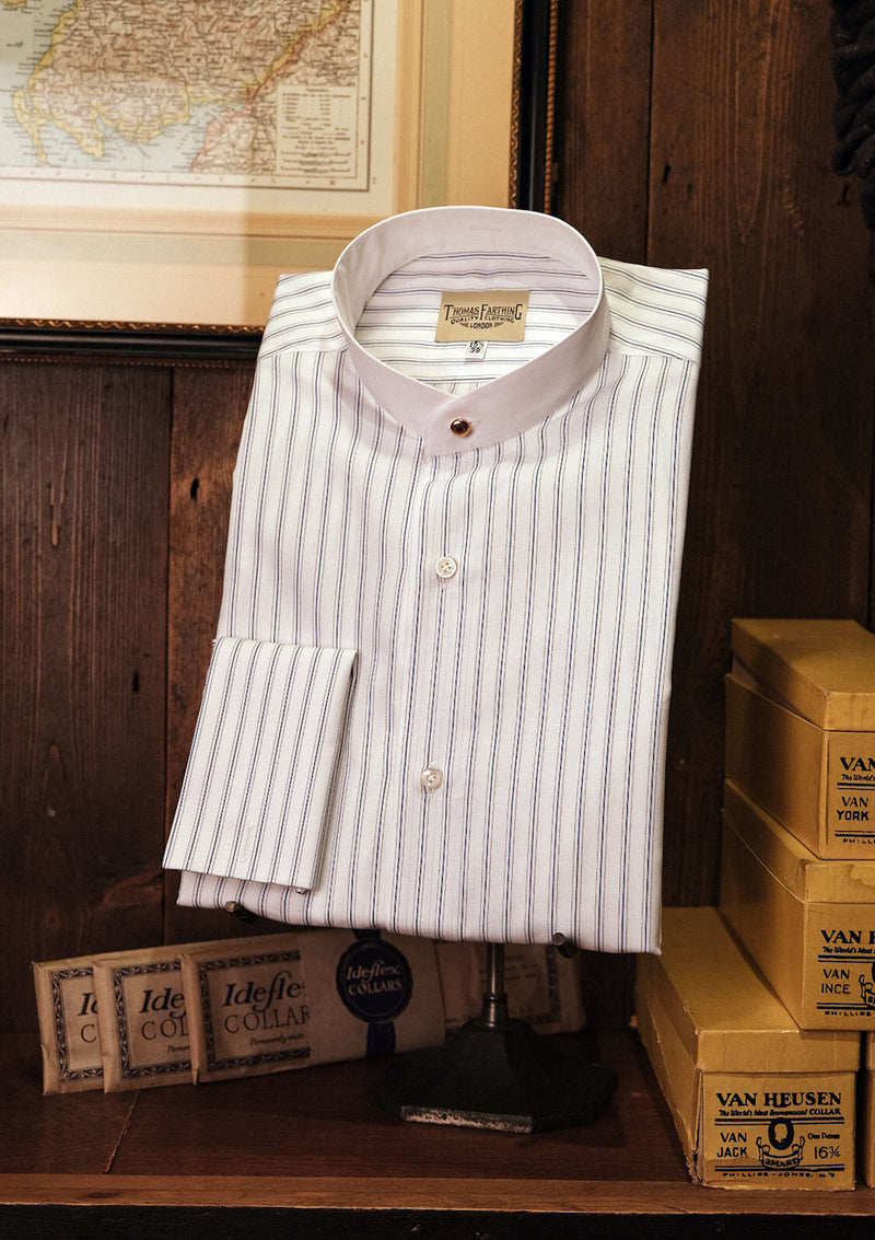 Grandad Collar Cotton Shirt - Vintage Stripe
