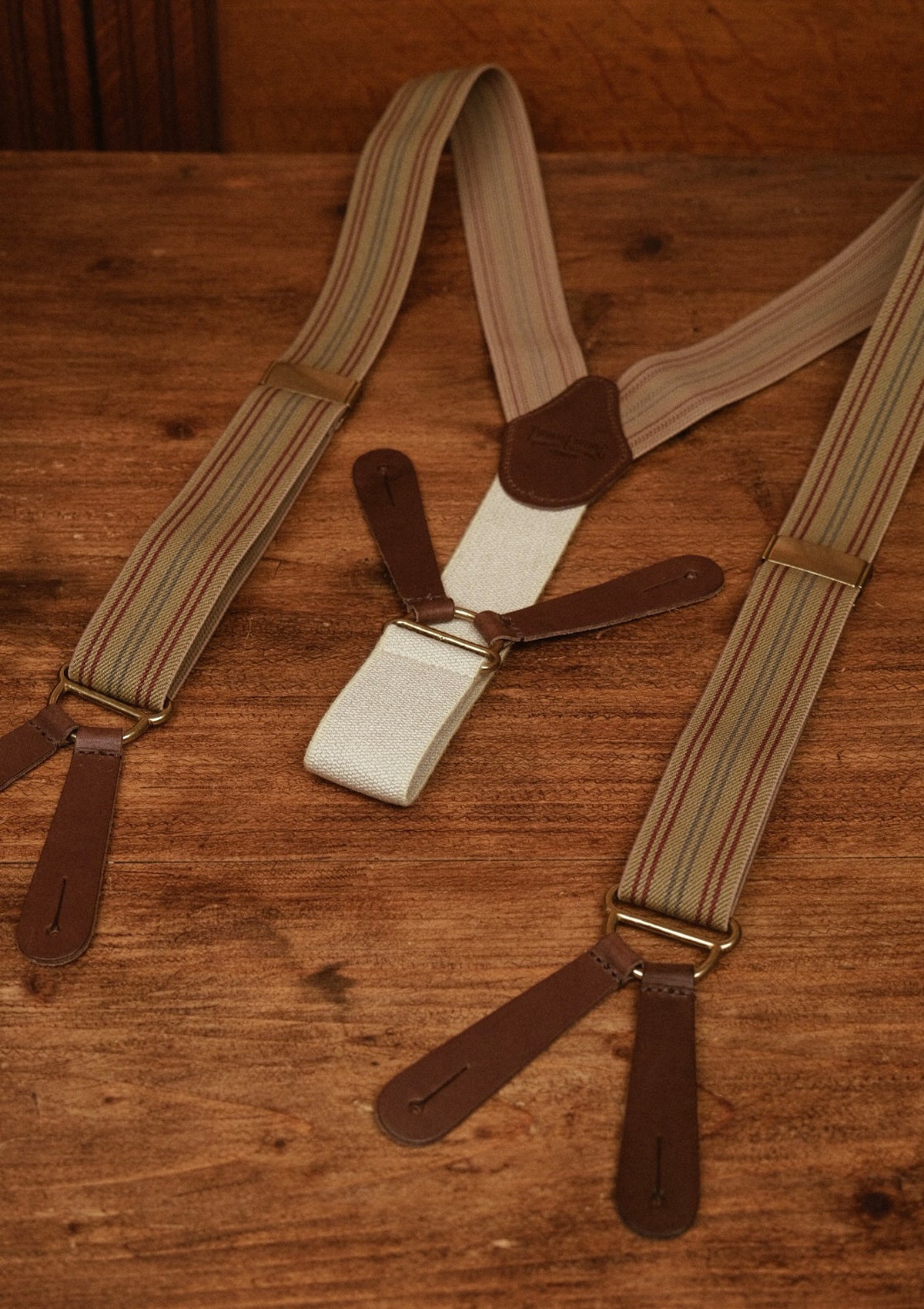 Button Braces w/ Brass Fittings - Oxford Wheat w/ Stripe