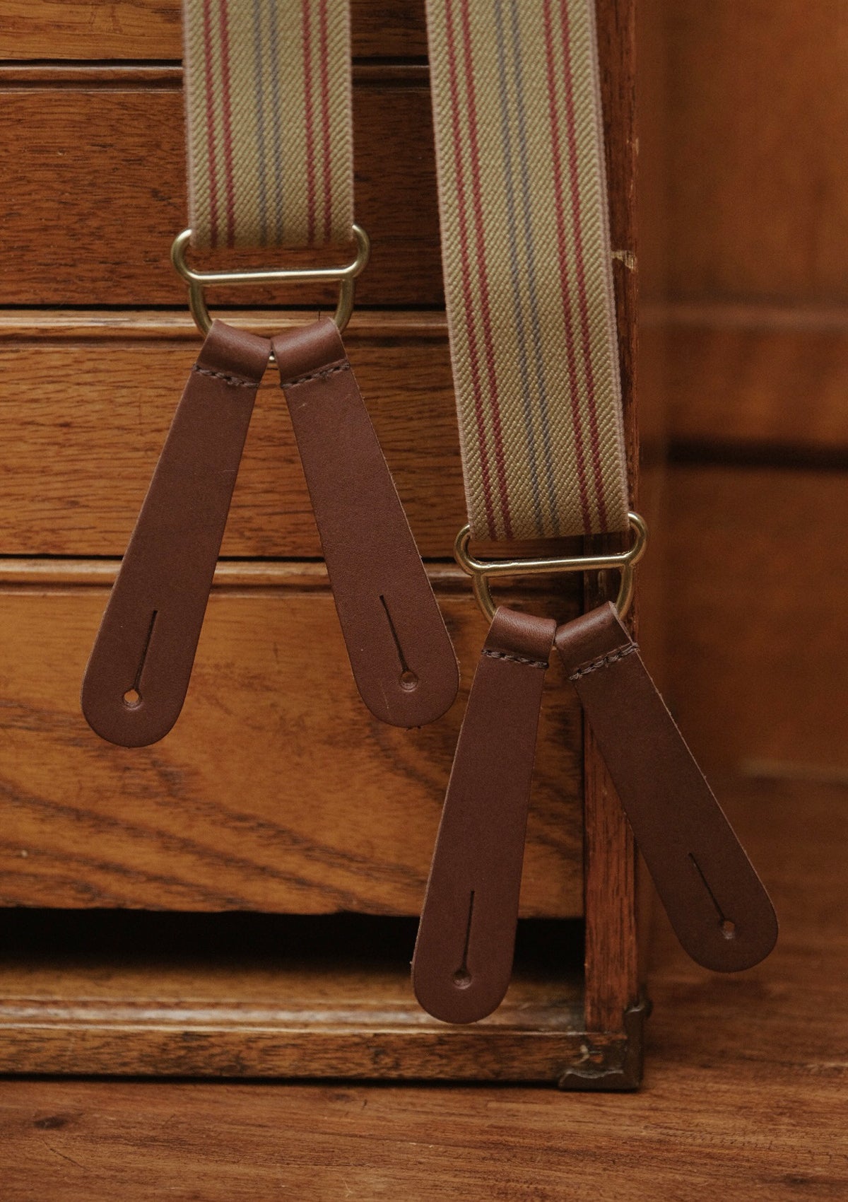Button Braces w/ Brass Fittings - Oxford Wheat w/ Stripe