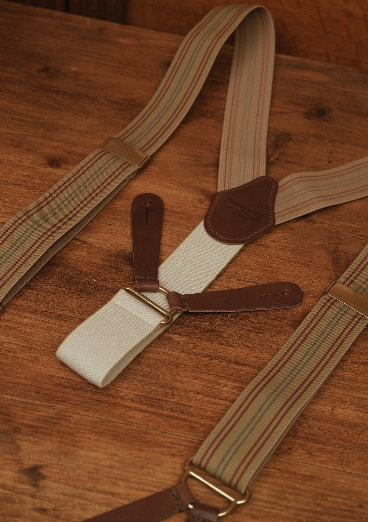 Button Braces w/ Brass Fittings - Oxford Wheat w/ Stripe