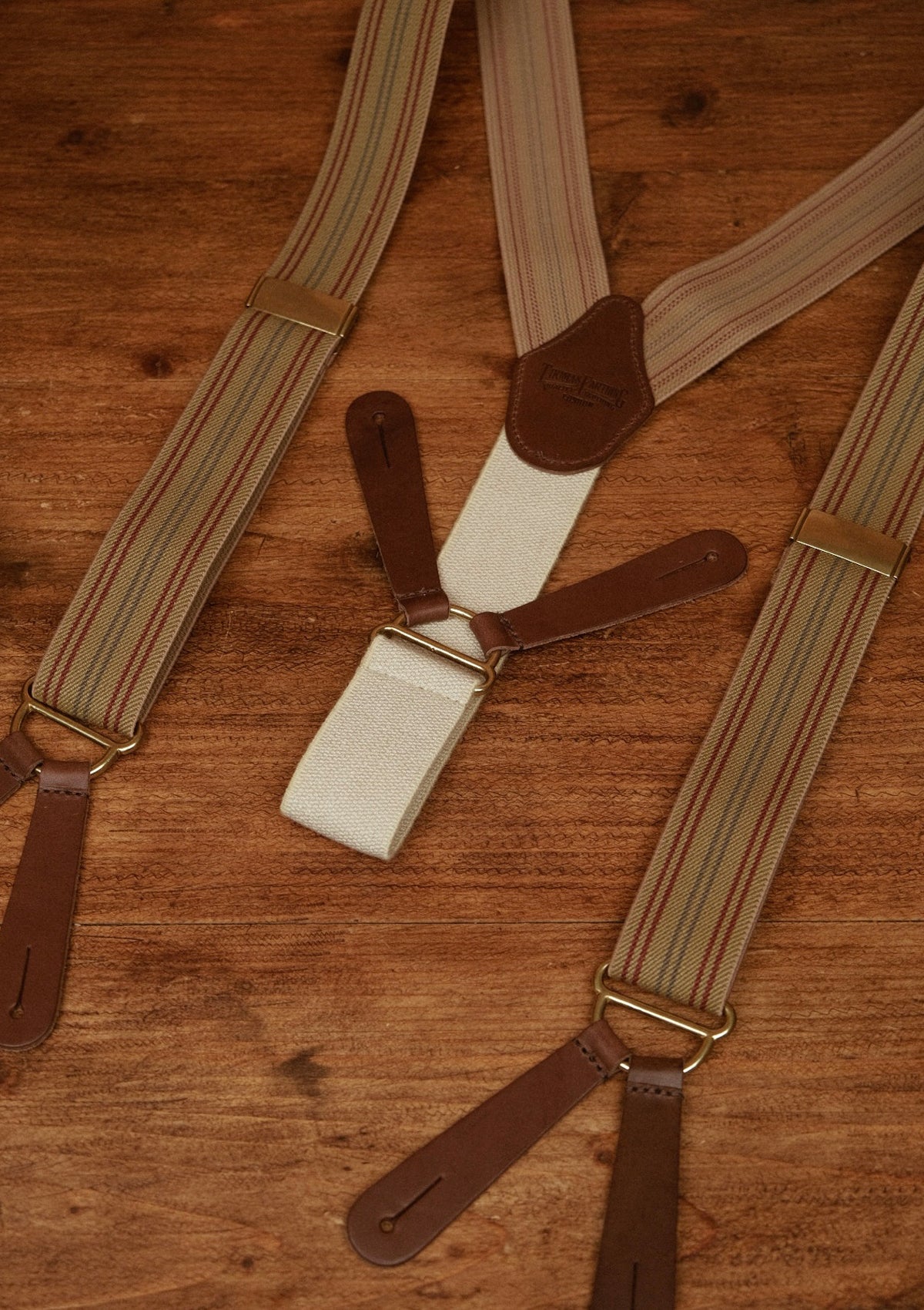 Button Braces w/ Brass Fittings - Oxford Wheat w/ Stripe