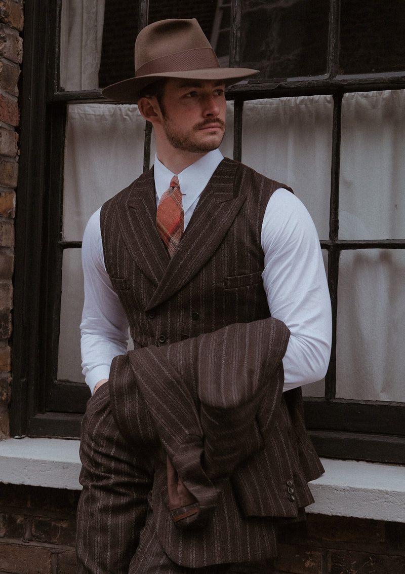 Munro Double Breasted Waistcoat - Dark Taupe with Vintage Grey Stripe