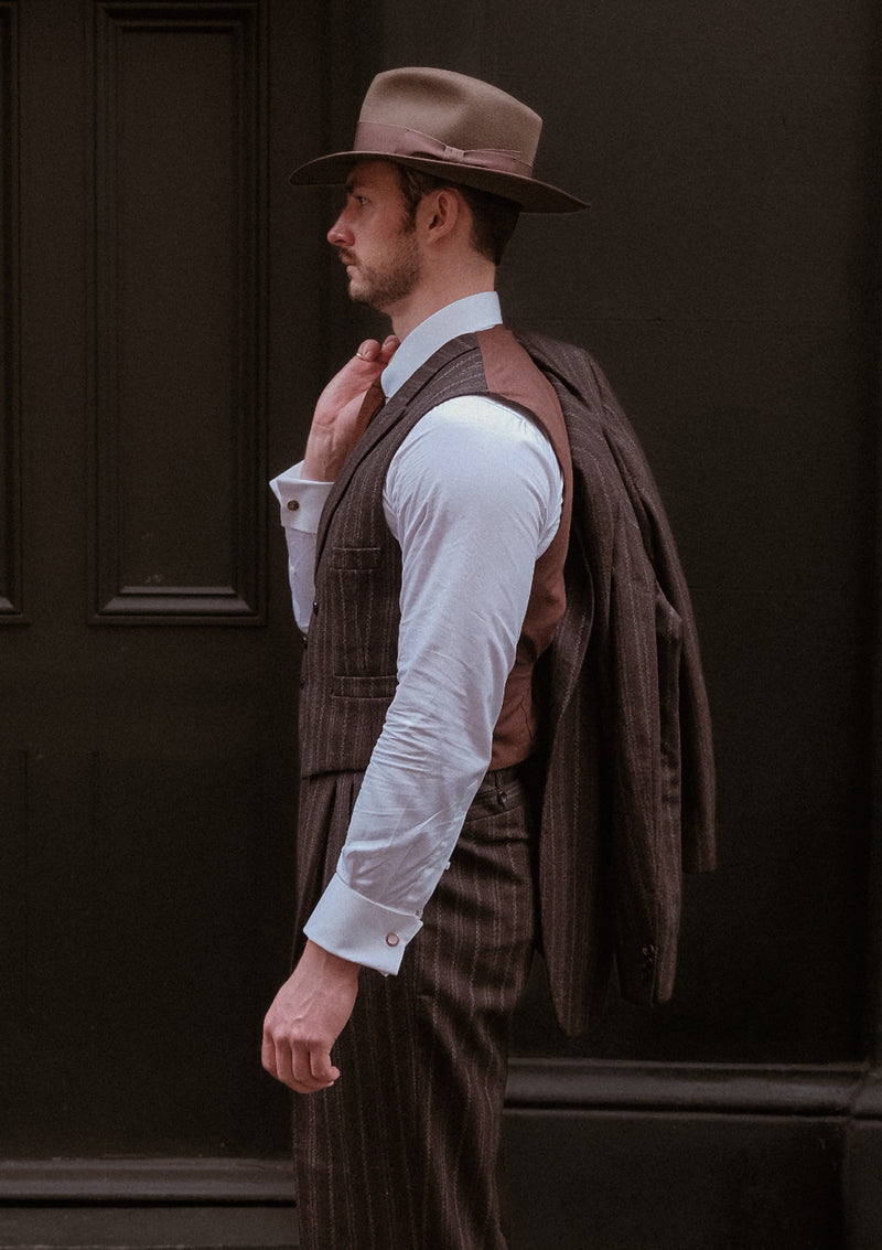 Munro Double Breasted Waistcoat - Dark Taupe with Vintage Grey Stripe