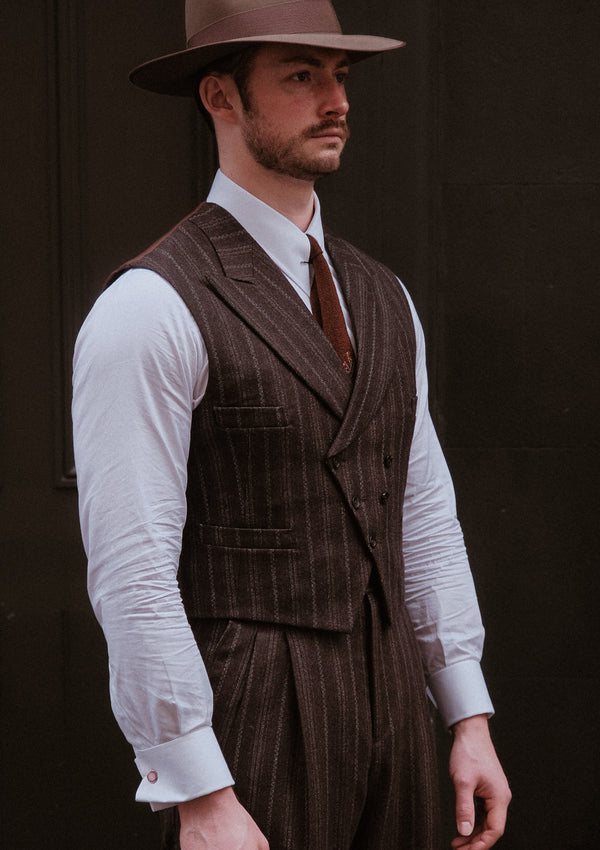 Munro Double Breasted Waistcoat - Dark Taupe with Vintage Grey Stripe