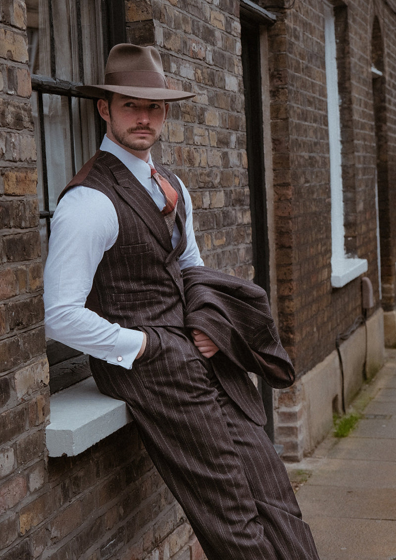 Munro Double Breasted Waistcoat - Dark Taupe with Vintage Grey Stripe