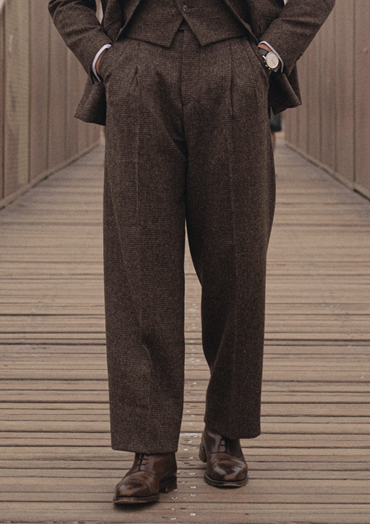 Emile Merino Wool Clark Trouser (Without Belt Loops) - Brown Micro Houndstooth