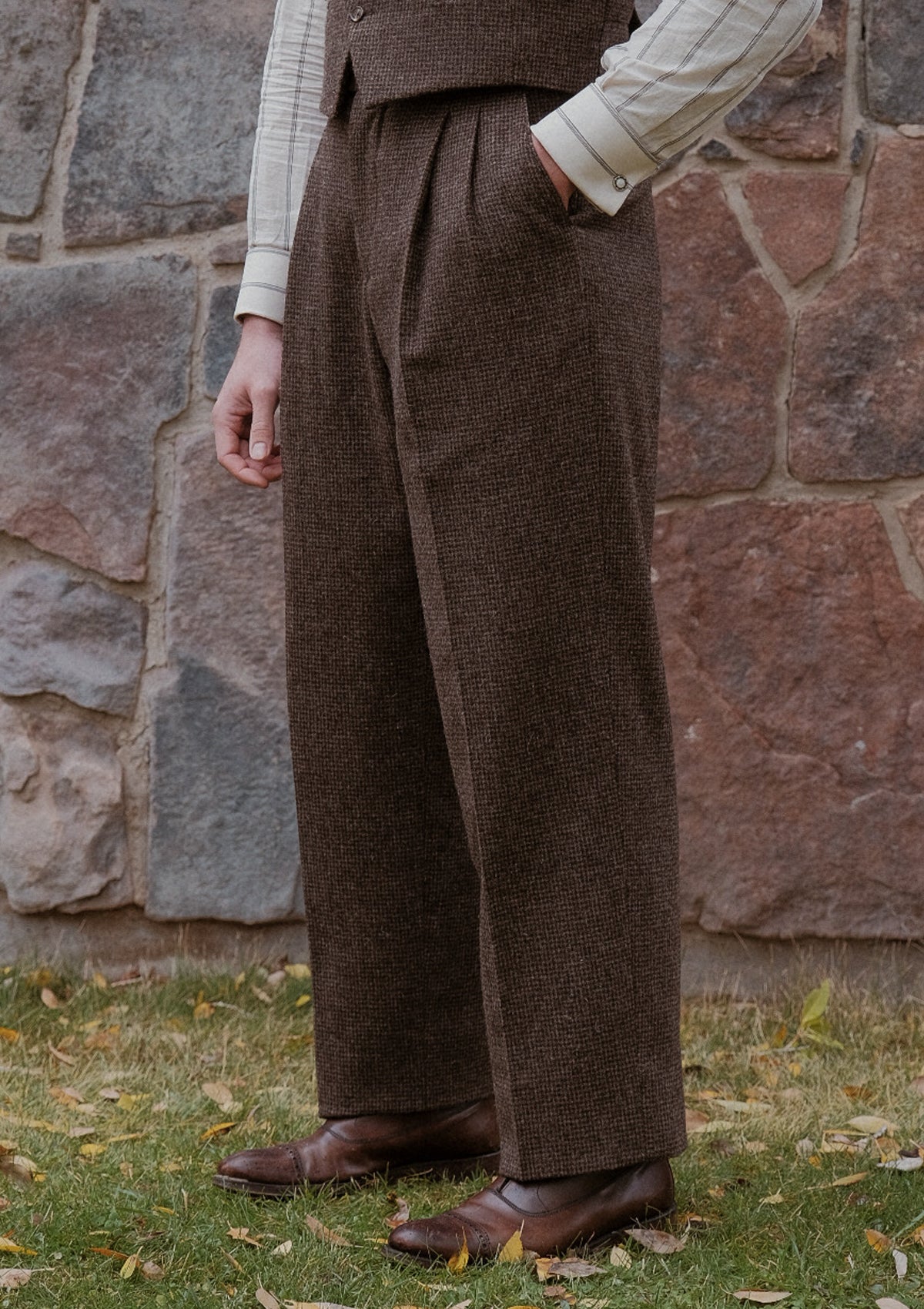 Emile Merino Wool Clark Trouser (Without Belt Loops) - Brown Micro Houndstooth