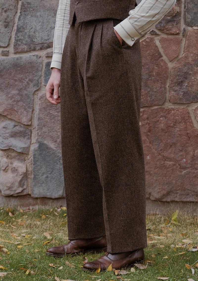 Emile Merino Wool Clark Trouser (Without Belt Loops) - Brown Micro Houndstooth