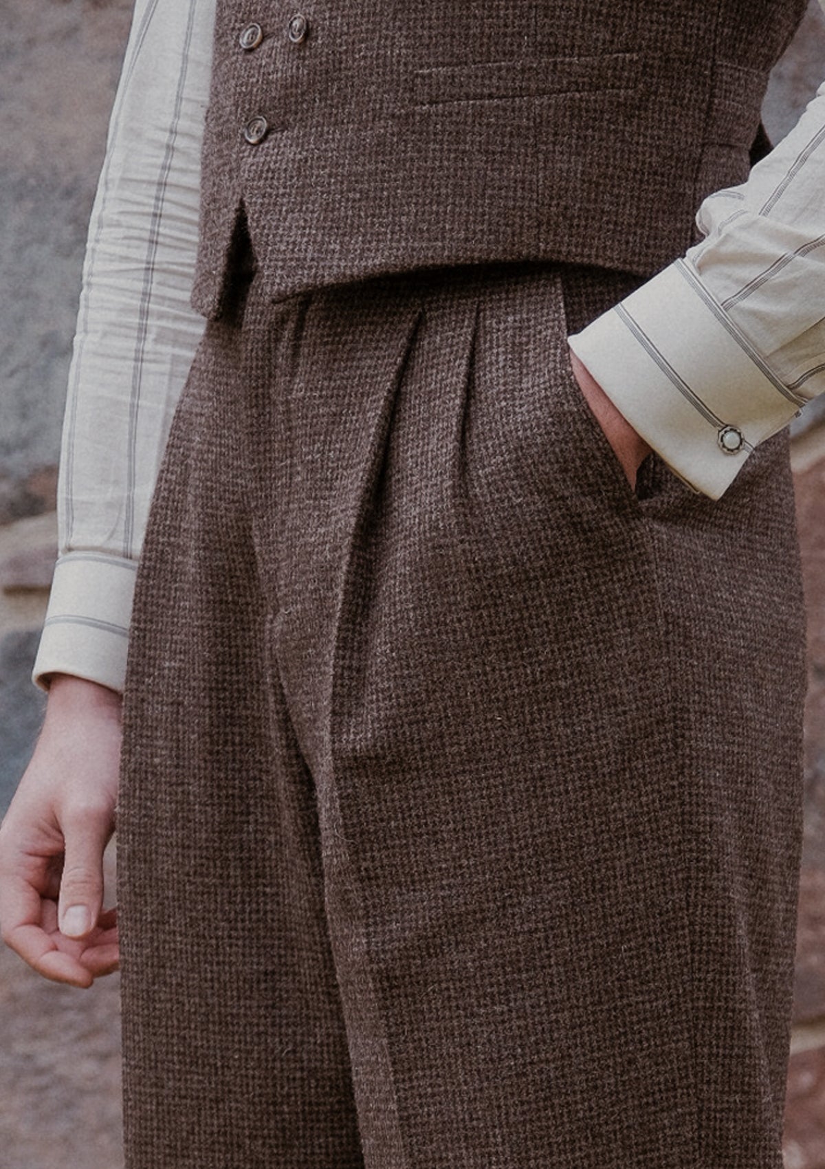 Emile Merino Wool Clark Trouser (Without Belt Loops) - Brown Micro Houndstooth