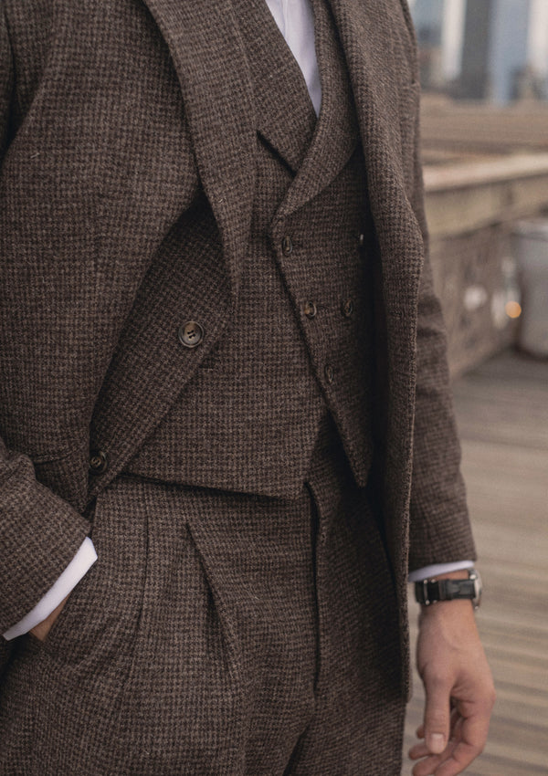 Emile Merino Wool Double Breasted Waistcoat - Brown Micro Houndstooth