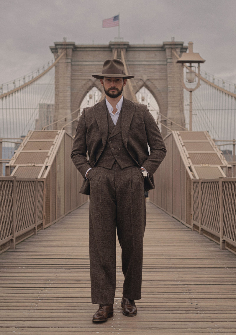 Emile Merino Wool Clark Trouser (Without Belt Loops) - Brown Micro Houndstooth