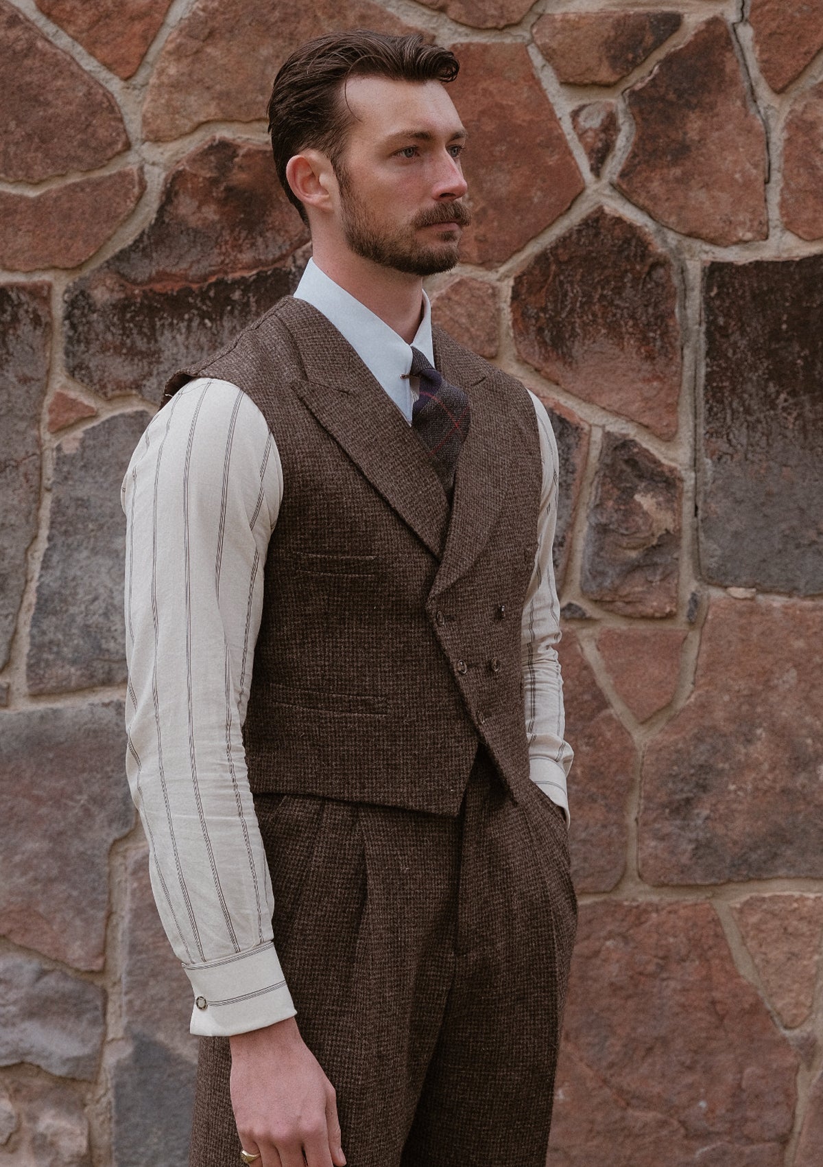 Emile Merino Wool Double Breasted Waistcoat - Brown Micro Houndstooth