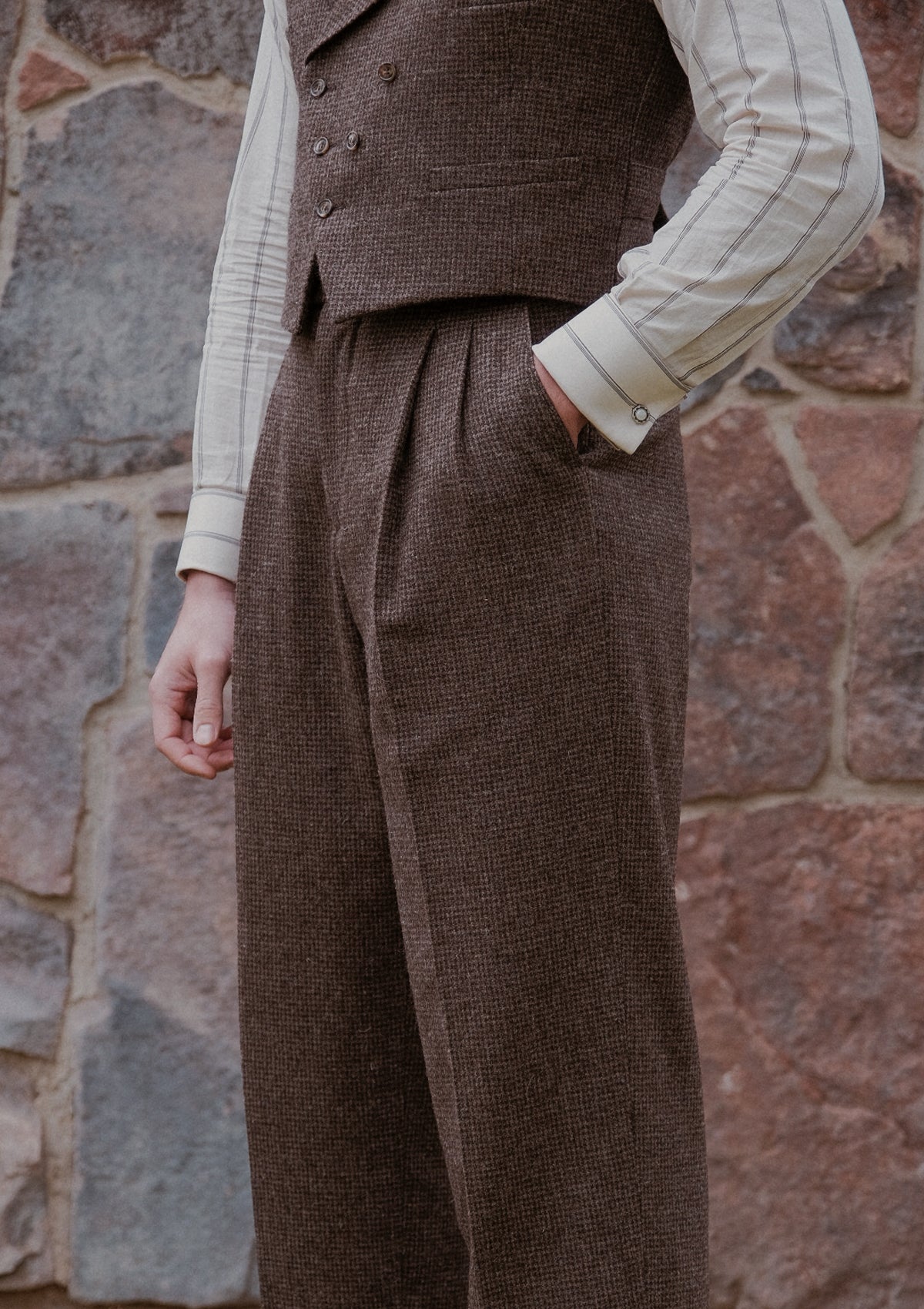 Emile Merino Wool Double Breasted Waistcoat - Brown Micro Houndstooth