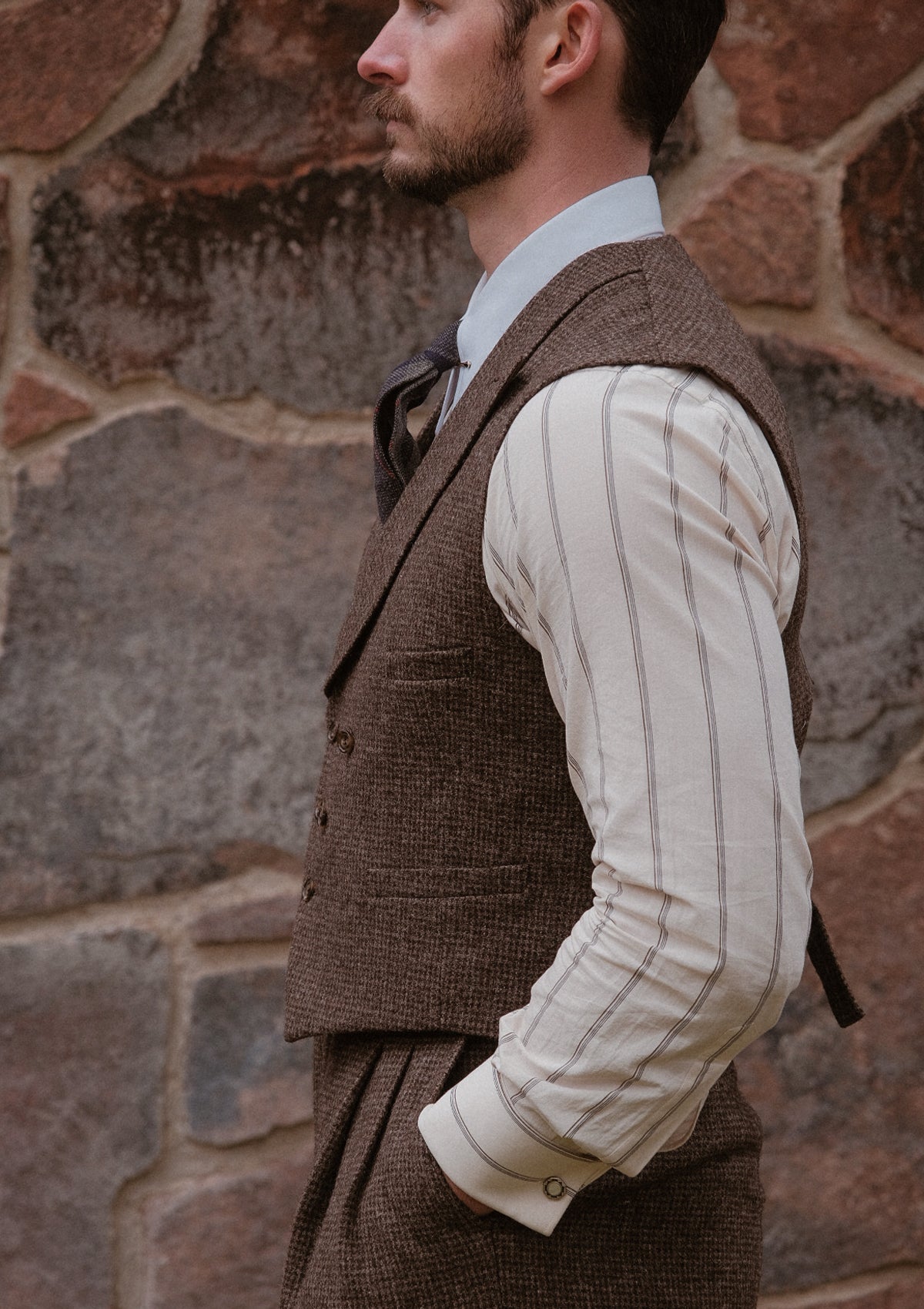 Emile Merino Wool Double Breasted Waistcoat - Brown Micro Houndstooth