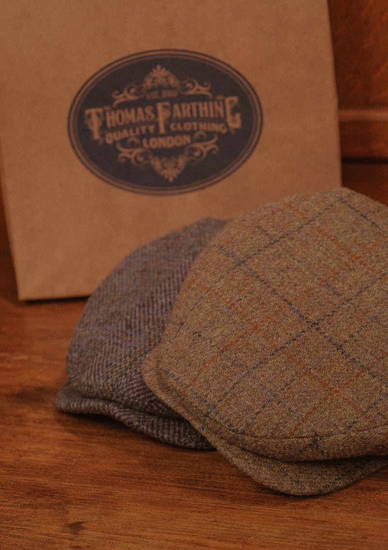 Geary Flat Cap - Rust & Navy Harris Tweed