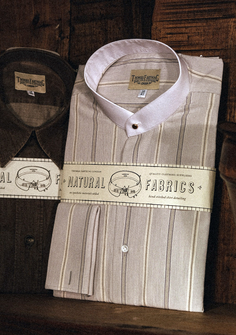 Grandad Collar Shirt in Japanese Cotton - Clay Brown Pinstripe
