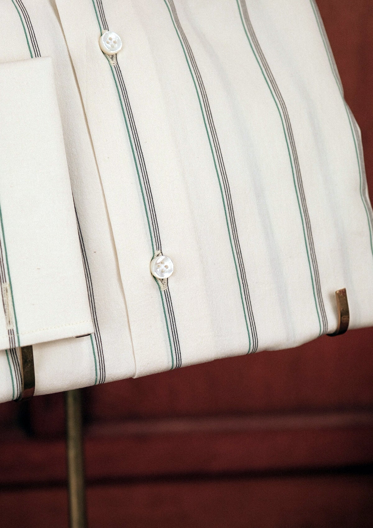 Club Collar Japanese Cotton Shirt - Wide Green Pinstripe