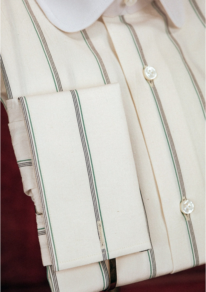 Club Collar Japanese Cotton Shirt - Wide Green Pinstripe