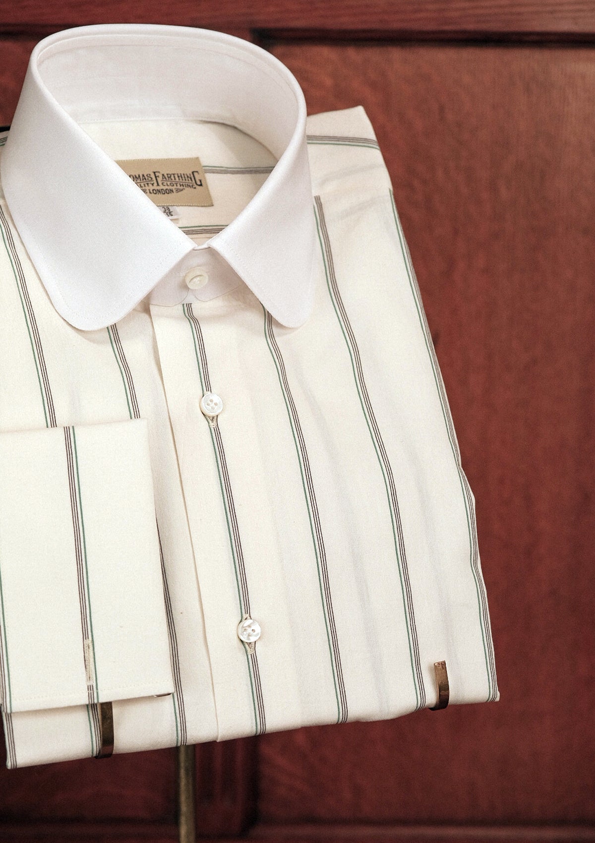 Club Collar Japanese Cotton Shirt - Wide Green Pinstripe