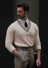 Cable Knit V-Neck Sweater - Green Clay Stripe