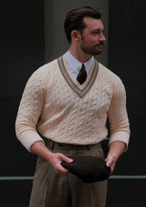 Cable Knit V-Neck Sweater - Green Clay Stripe