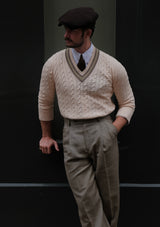 Cable Knit V-Neck Sweater - Green Clay Stripe