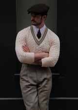 Cable Knit V-Neck Sweater - Green Clay Stripe