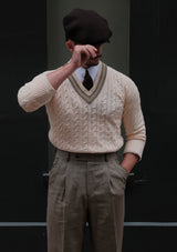Cable Knit V-Neck Sweater - Green Clay Stripe