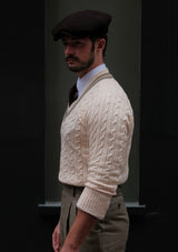 Cable Knit V-Neck Sweater - Green Clay Stripe