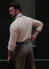 Cable Knit V-Neck Sweater - Green Clay Stripe