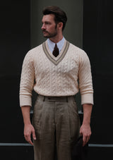 Cable Knit V-Neck Sweater - Green Clay Stripe