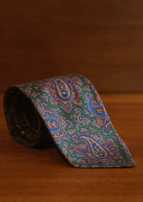 Hand-rolled Madder Tie - Green Paisley