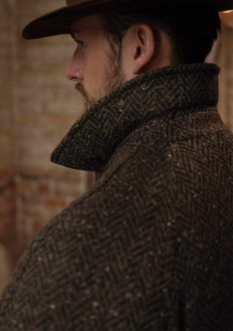 Horsley Raglan Pure Wool Belted Overcoat - Walnut & Stone Herringbone