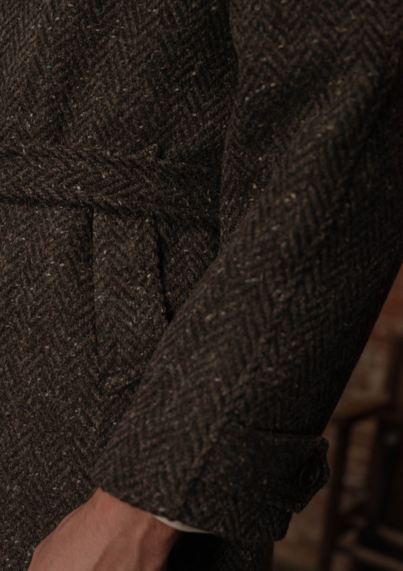 Horsley Raglan Pure Wool Belted Overcoat - Walnut & Stone Herringbone