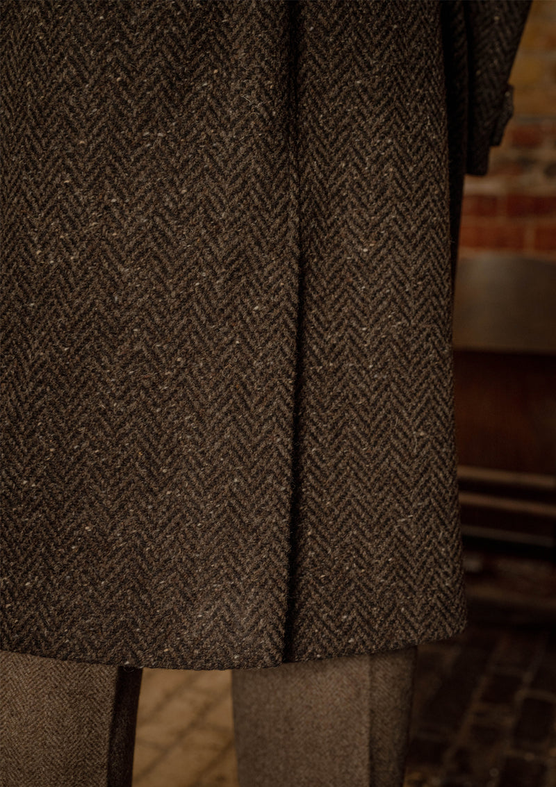 Horsley Raglan Pure Wool Belted Overcoat - Walnut & Stone Herringbone
