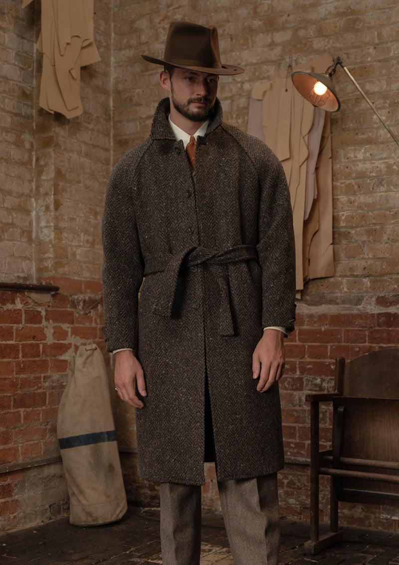 Horsley Raglan Pure Wool Belted Overcoat - Walnut & Stone Herringbone