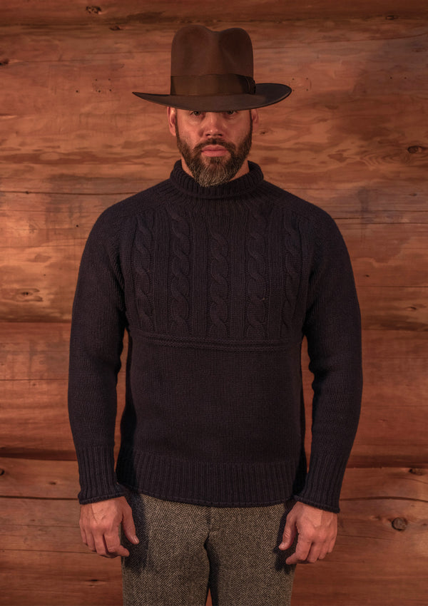Clapperton Half Cable Knit Lambswool Sweater - Navy