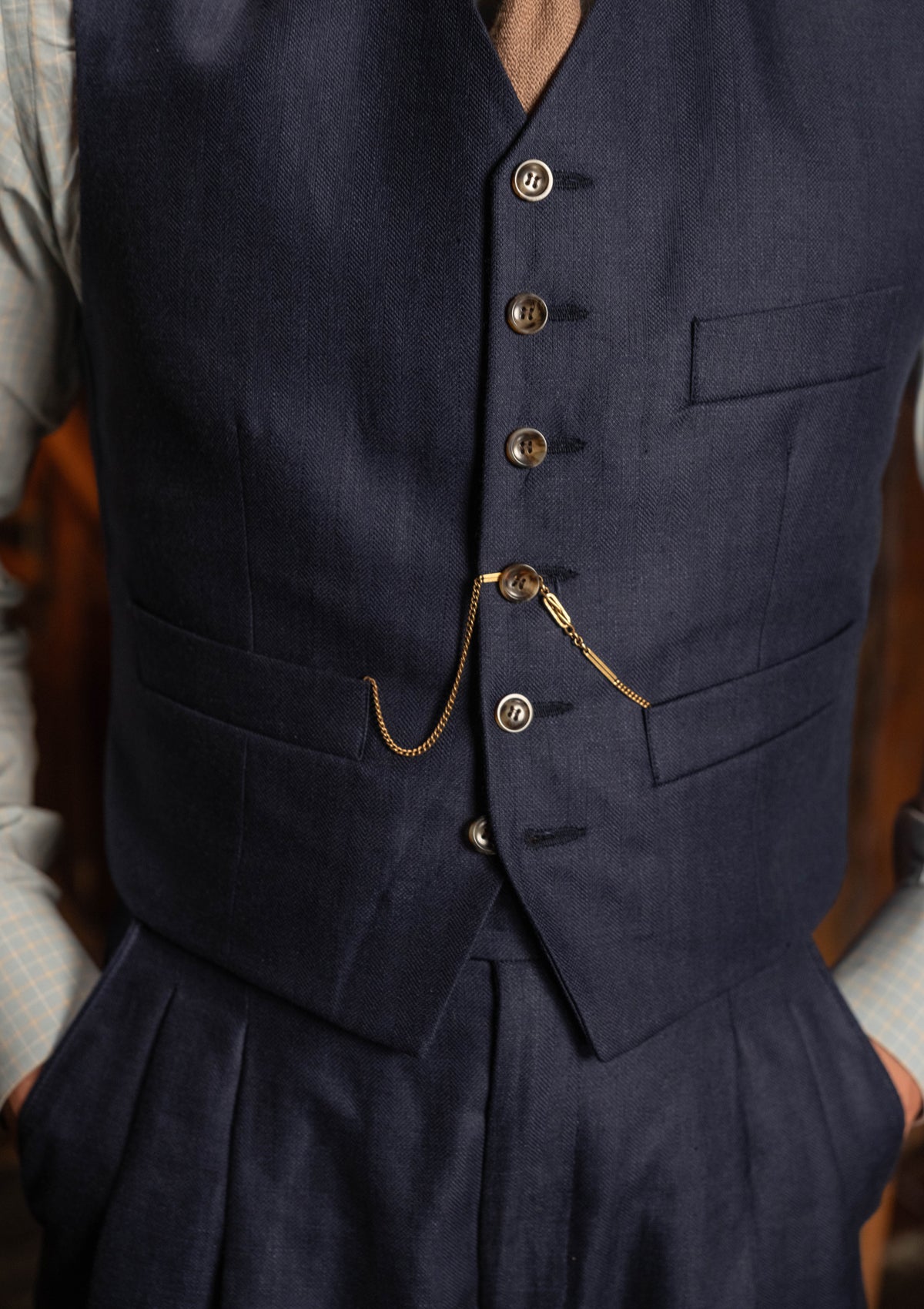 Cropped Waistcoat - Navy Herringbone