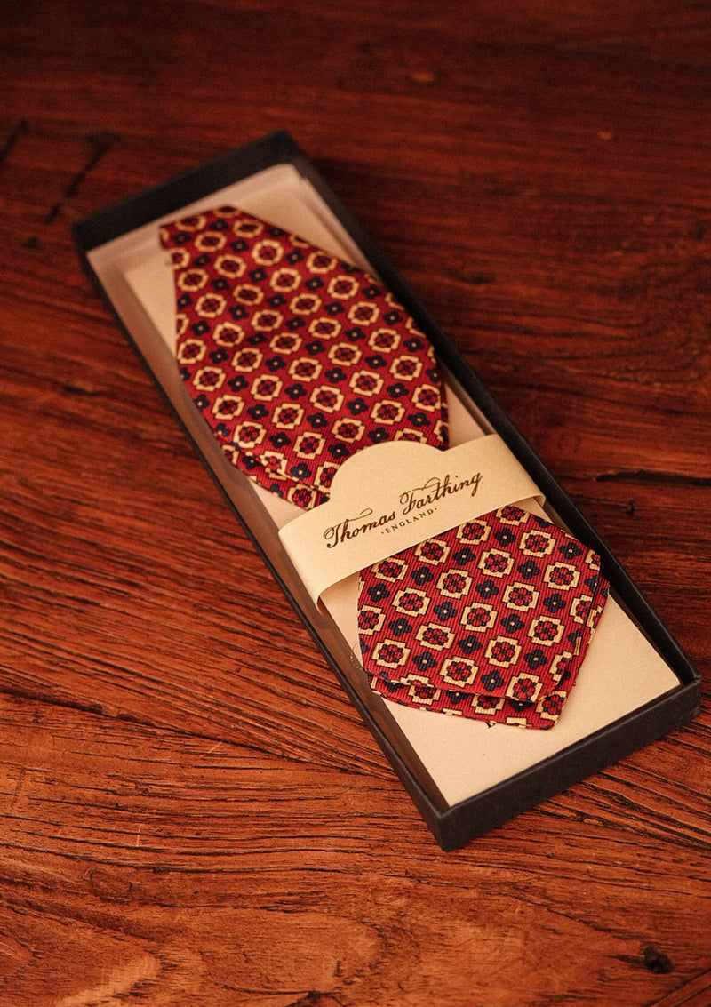 Red Geometric Floral (Self-Tie) Diamond Point Bow Tie