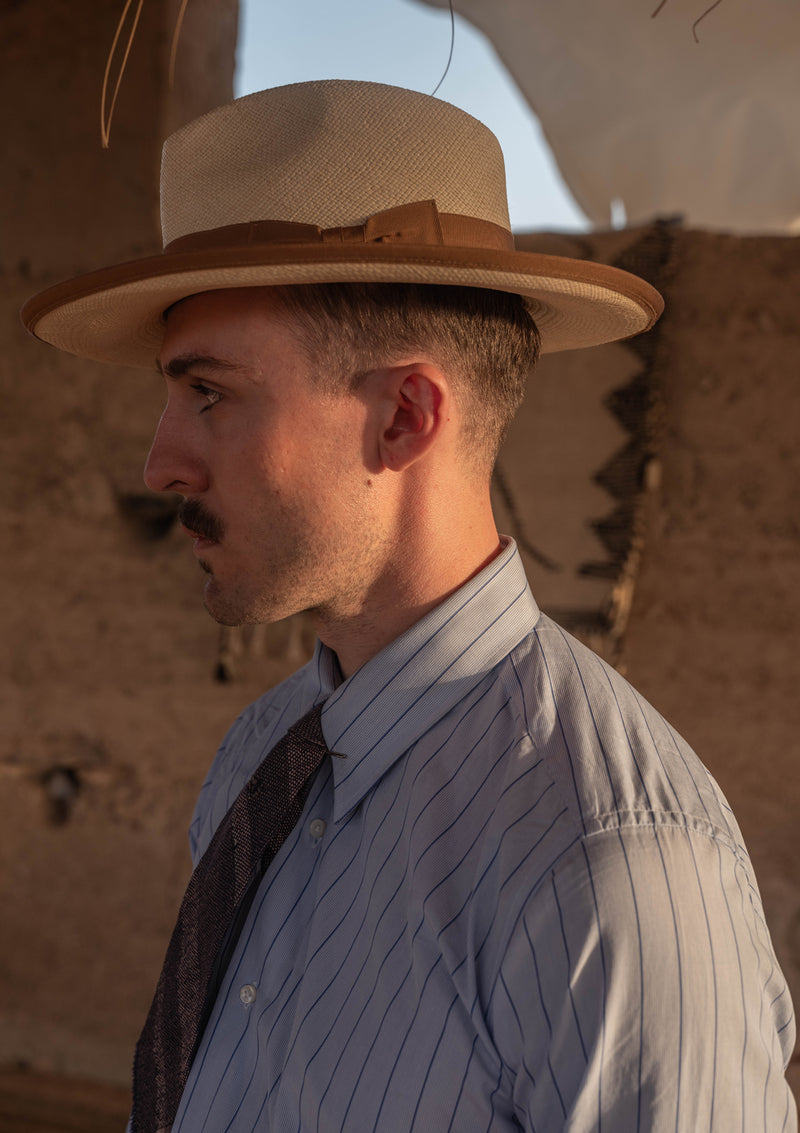 Classic Cotton Shirt With Spearpoint Collar & Blue Micro Stripe - French Double Cuff