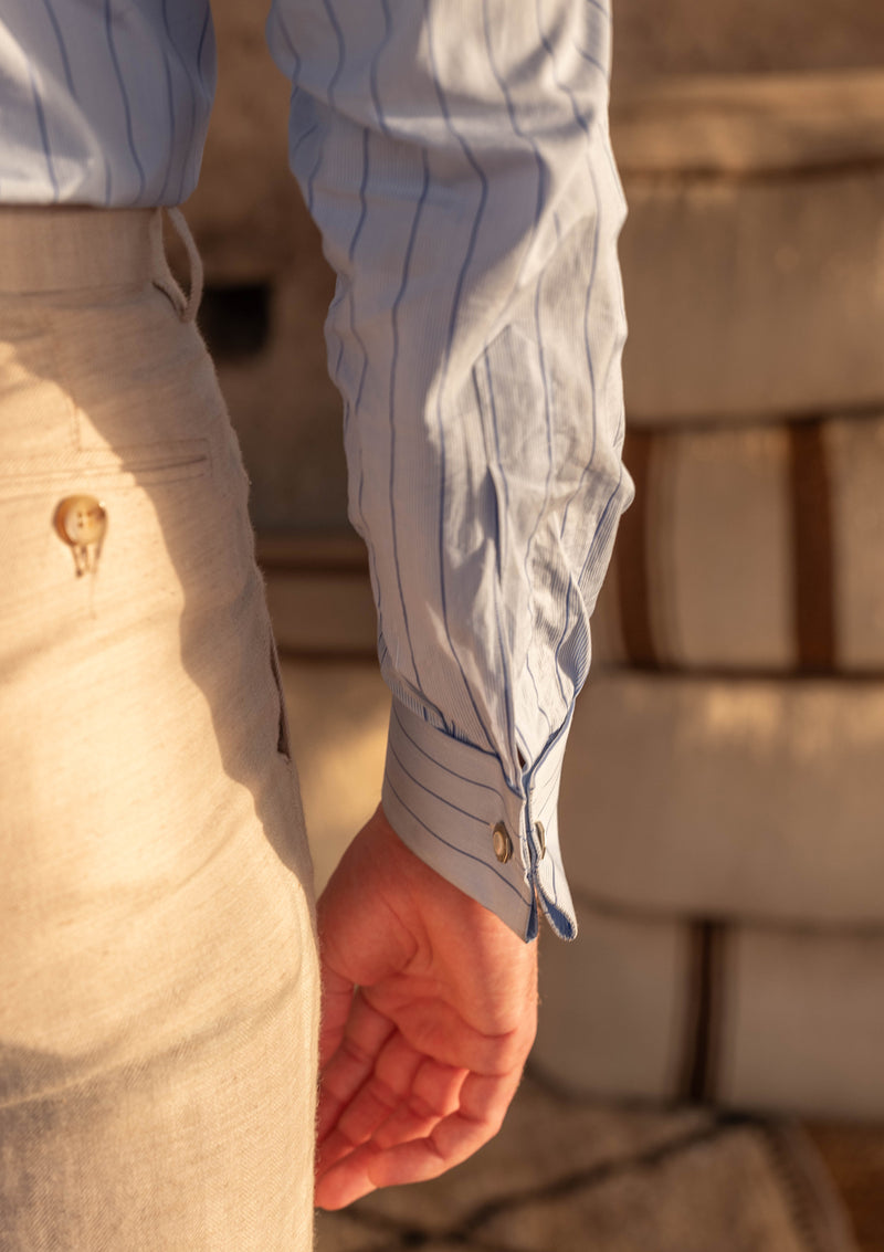 Classic Cotton Shirt With Spearpoint Collar & Blue Micro Stripe - French Double Cuff